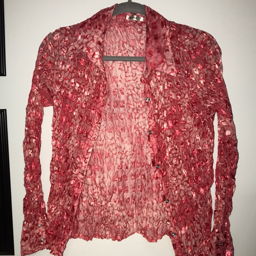 red pink white ruffled button down shirt